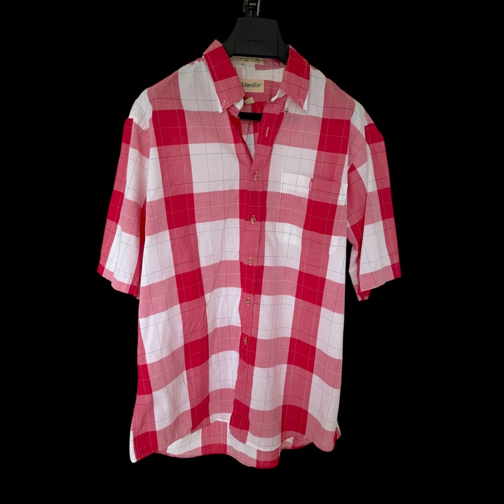 70's St. Johns Bay XL Tall Red White Plaid Short Sleeve Button Down Shirt USA